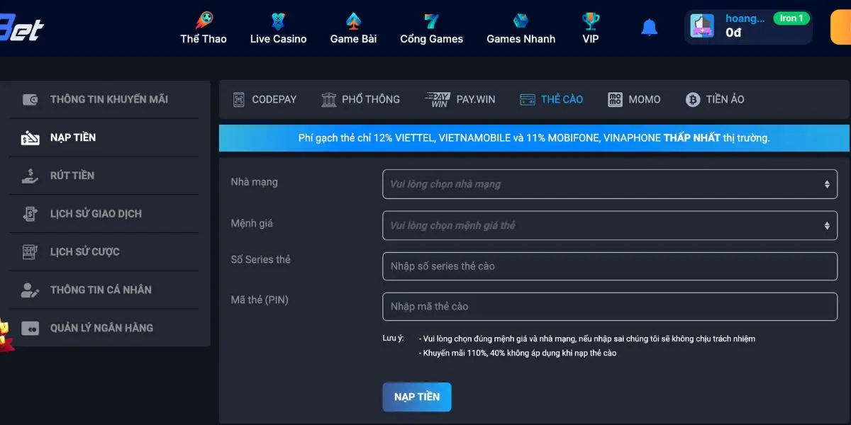 Nạp tiền Fabet qua phương thức thẻ cào