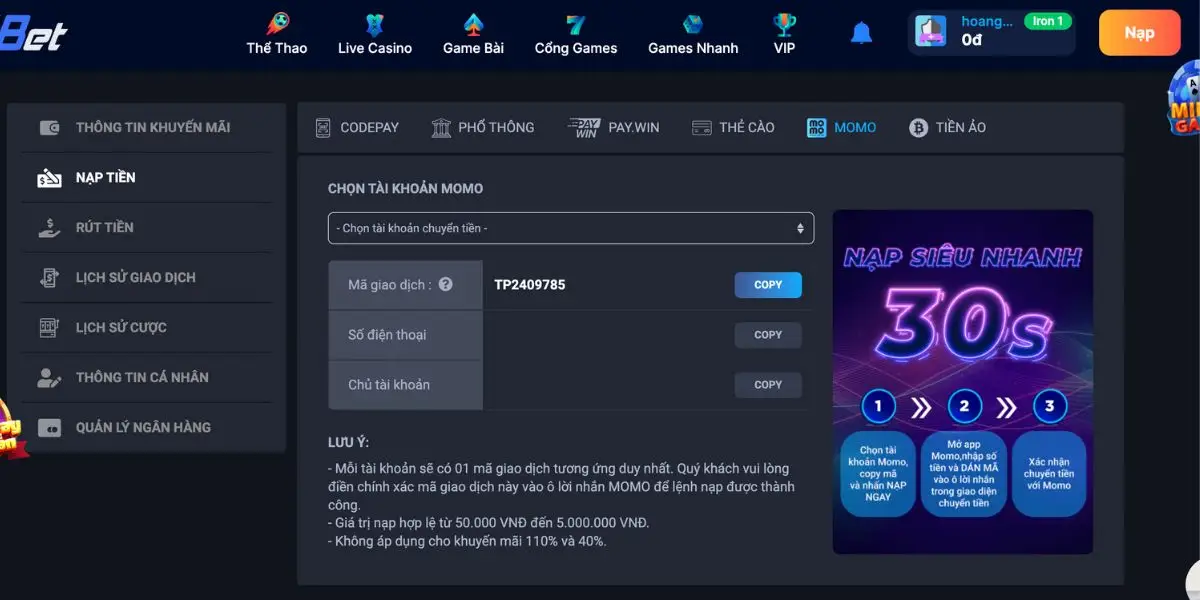 Nạp tiền bằng momo