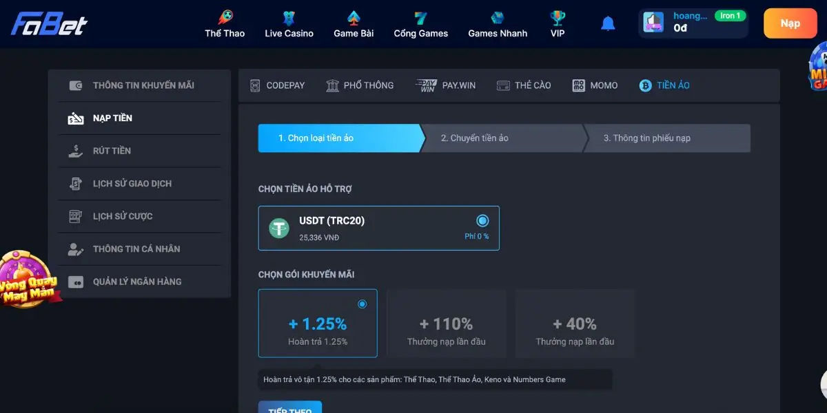 Nạp tiền qua phương thức tiền ảo