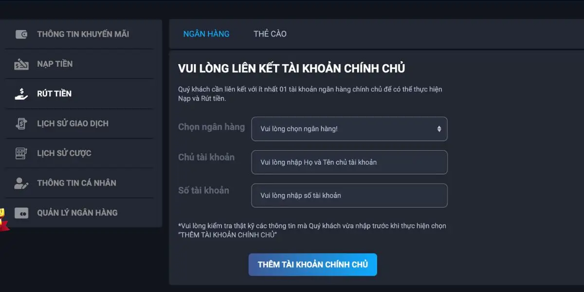 Rút tiền Fabet an toàn qua tài khoản ngân hàng
