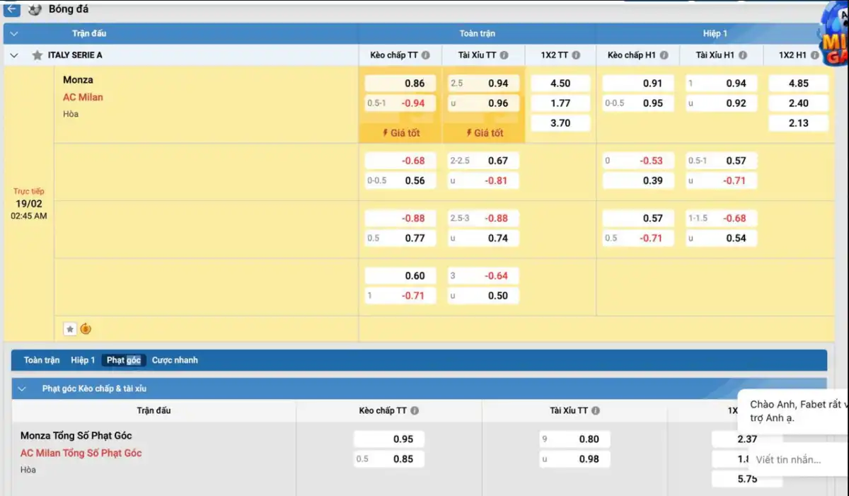 Ví dụ về kèo cược chấp phạt góc tại Fabet